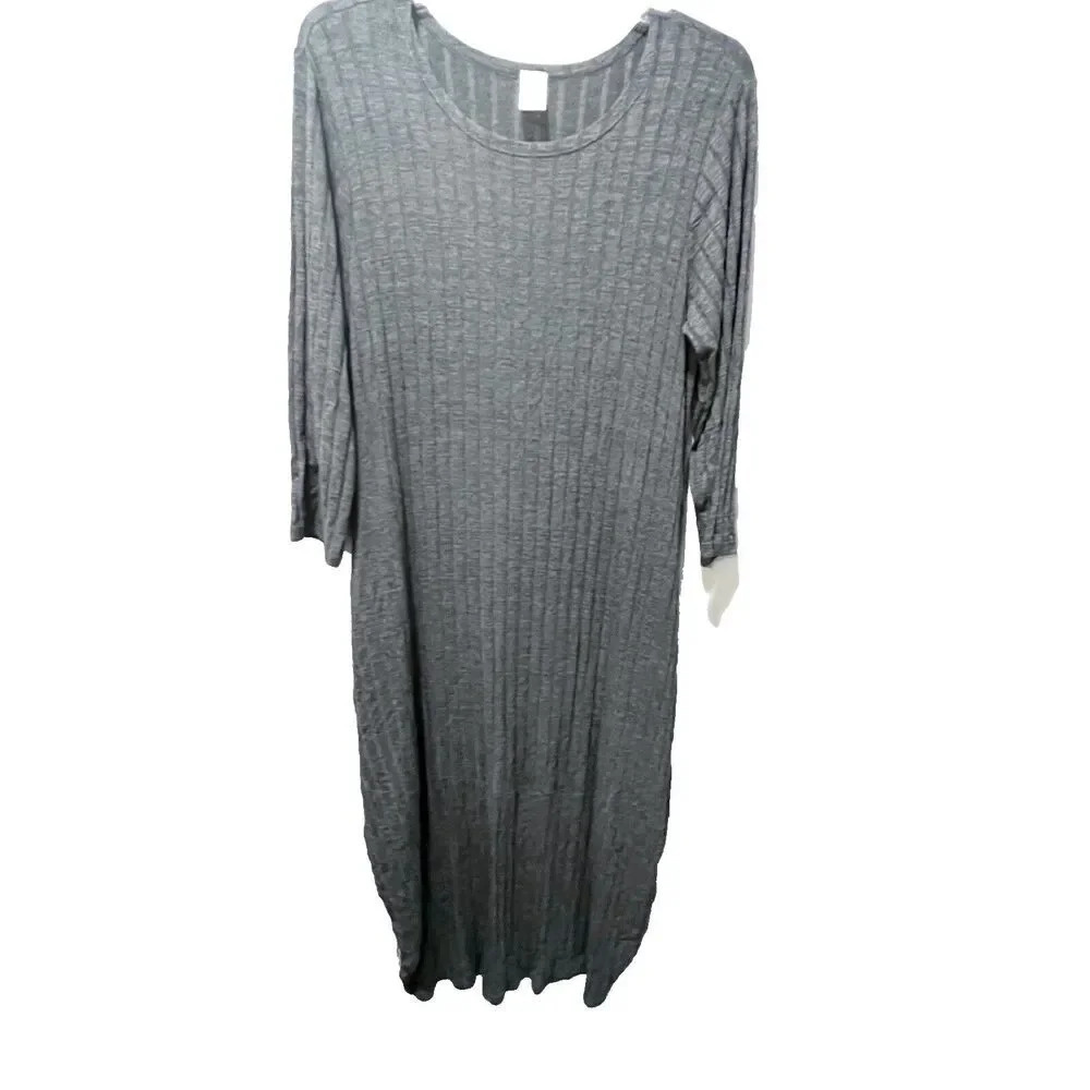 Women's Gray Ribbed Dress Large Long Sleeve Midi Lagenlook Minimalist